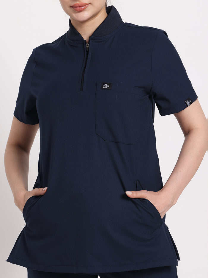 Stretchable (4Way) Navy Blue Women Flex Zip Neckline Top With Straight Pants