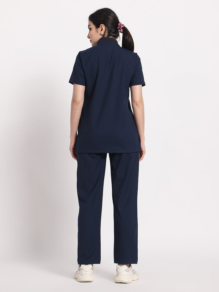 Stretchable (4Way) Navy Blue Women Flex Zip Neckline Top With Straight Pants