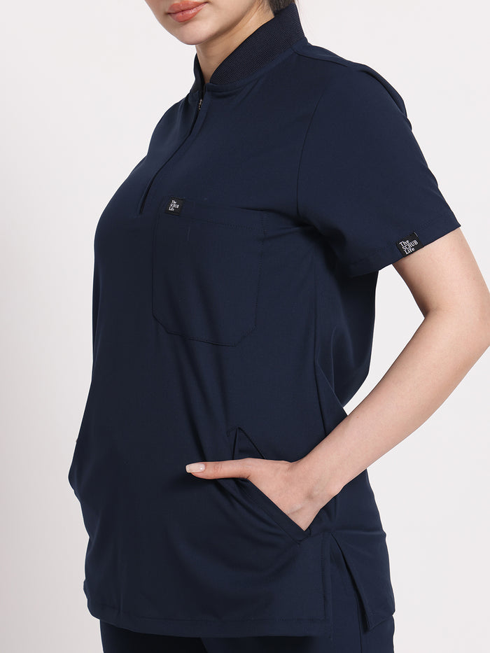 Stretchable (4Way) Navy Blue Women Flex Zip Neckline Top With Straight Pants