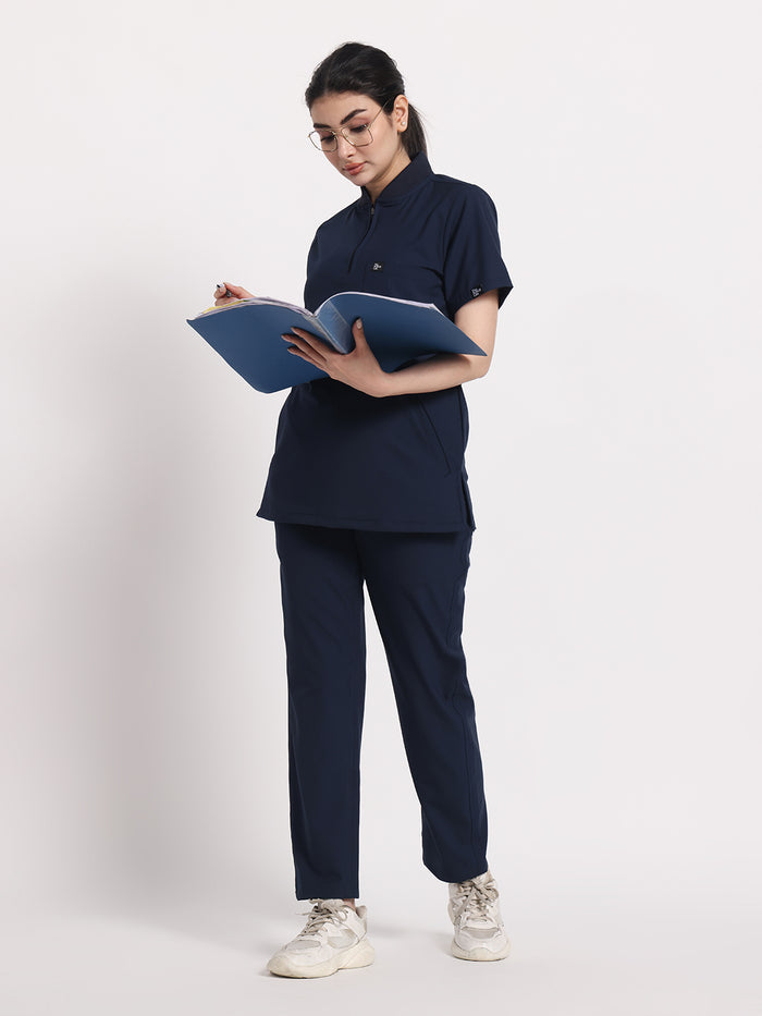 Stretchable (4Way) Navy Blue Women Flex Zip Neckline Top With Straight Pants
