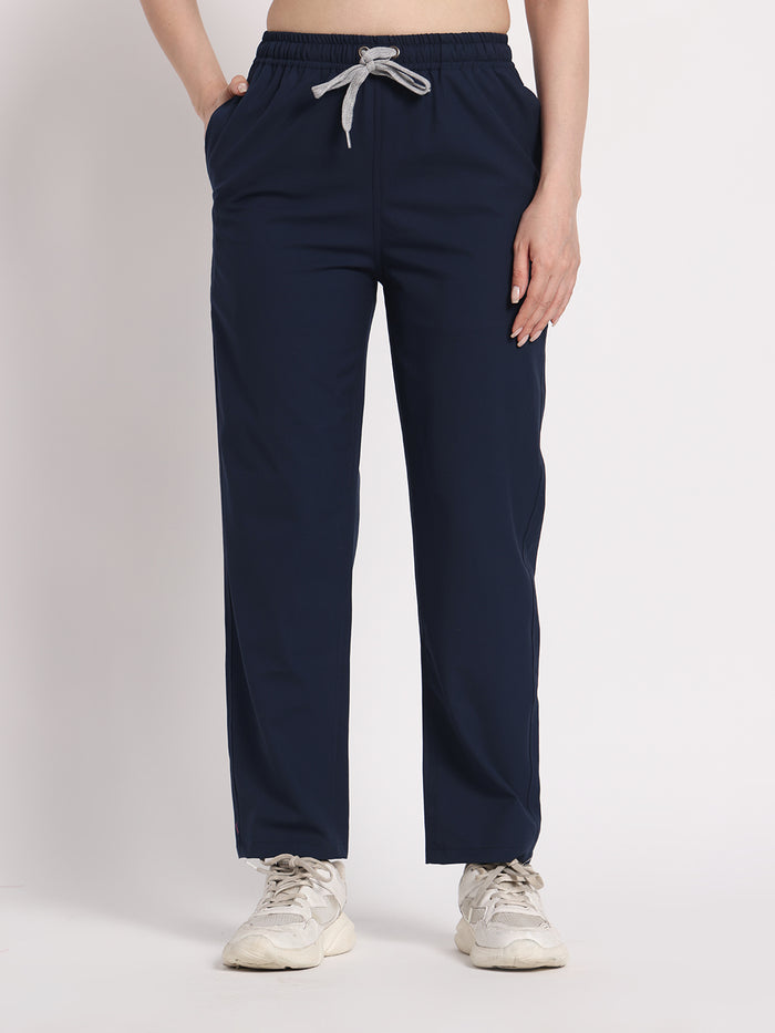 Stretchable (4Way) Navy Blue Women Flex Zip Neckline Top With Straight Pants