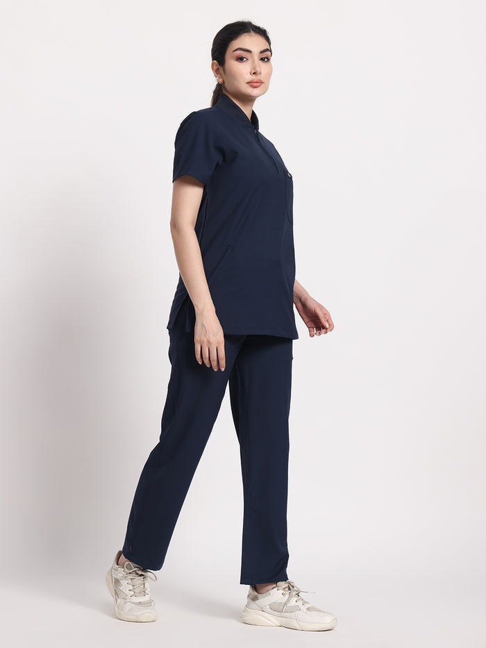 Stretchable (4Way) Navy Blue Women Flex Zip Neckline Top With Straight Pants