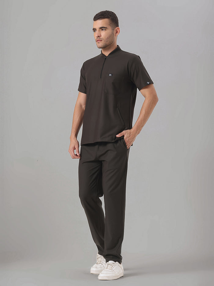 Stretchable (4Way) Olive Green Men Flex Zip Neckline Top With Straight Pants
