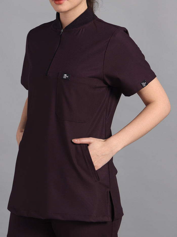 Stretchable (4Way) Wine Women Flex Zip Neckline Top With Straight Pants