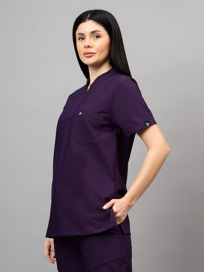 Stretchable (4Way) Women Violet Mandarin Neck Scrub Top