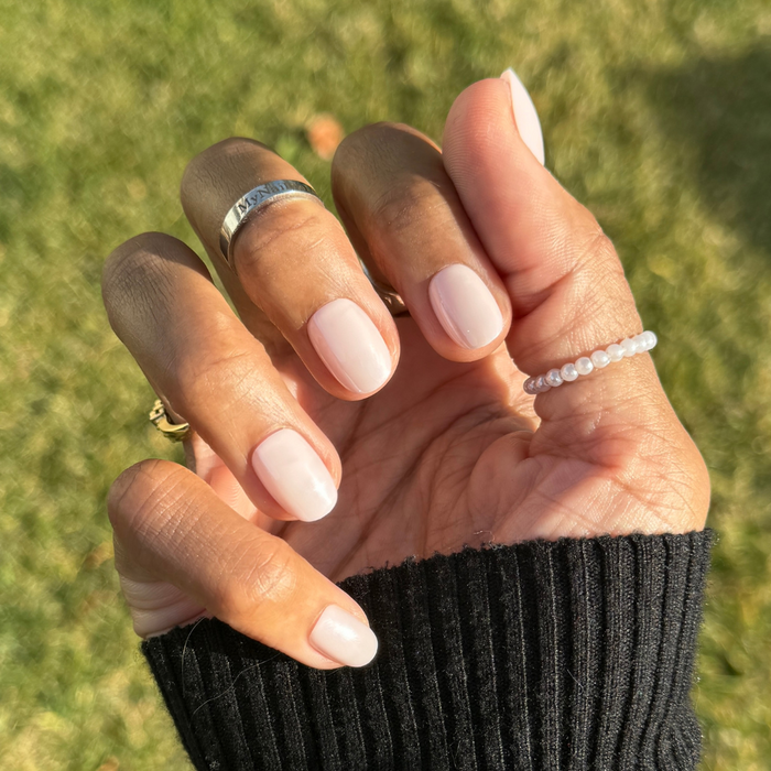 Sugar Glaze - Press-On | Extra Short | Round showing natural sheer white nails for an easy at-home manicure look