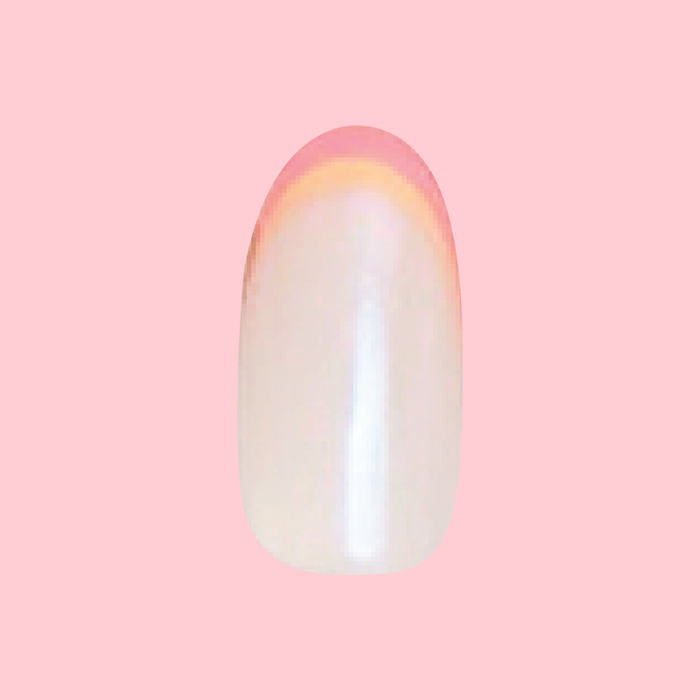 Sunset Double French - Press-On | Medium | Oval showing iridescent neutral nail with orange and magenta double french tips on pink background