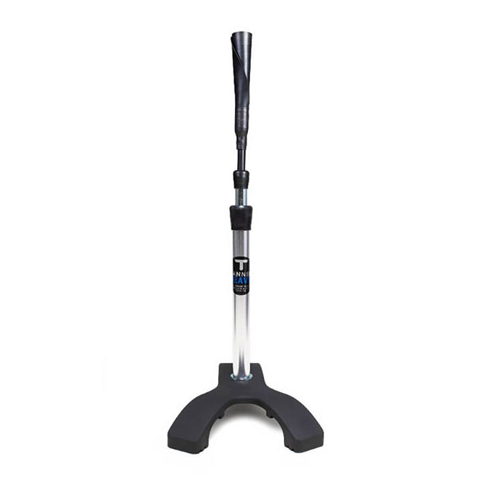 The Tanner Tees Heavy Batting Tee: HVT001 by Tanner is a pro-level, black and silver adjustable batting tee featuring a wide, sturdy base, ideal for baseball or softball practice, shown on a white background.