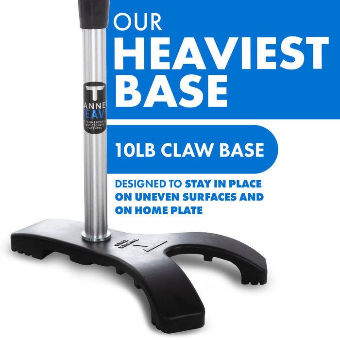 A black, claw-shaped base supports a silver vertical pole. Blue and white text highlights: Tanner Tees Heavy Batting Tee: HVT001 — our heaviest base at 10lb. Designed by Tanner to stay firmly in place on uneven surfaces and home plate, this pro-level batting tee is engineered for stability to ensure ultimate performance during every practice session.