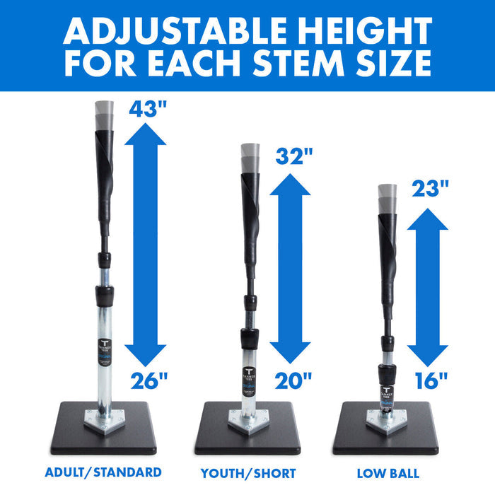 Three Tanner Tees Heavy Batting Tees (Model HVT001) by Tanner—labeled Adult/Standard, Youth/Short, and Low Ball—stand on sturdy black square bases, each with arrows and measurements showing adjustable heights of 43–26, 32–20, and 23–16 inches. These weighted batting tees are engineered for durability and provide precise training at every level.