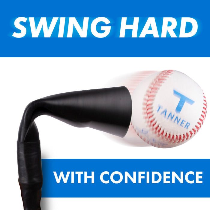 A baseball is hit off a Tanner Tees Heavy Batting Tee (model HVT001) by Tanner. Bold text reads SWING HARD at the top and WITH CONFIDENCE at the bottom.