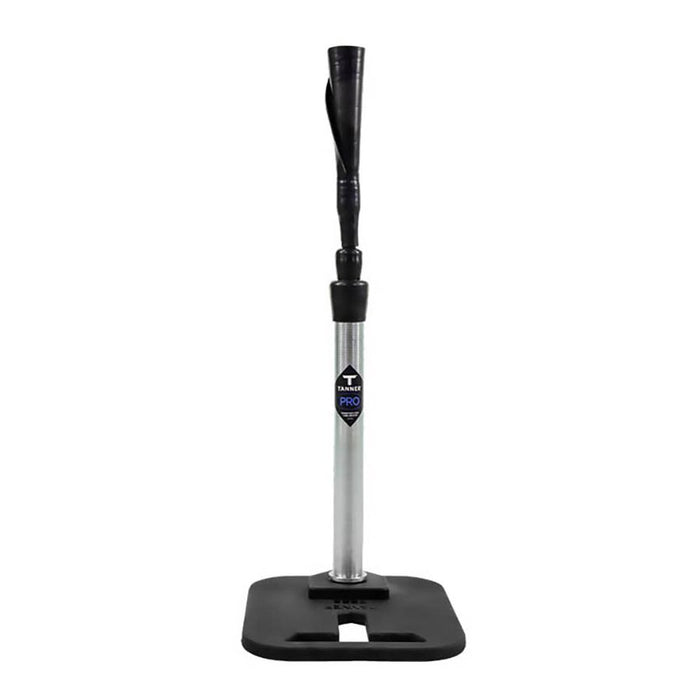 The Tanner Tees Pro Batting Tee (TTPRO1) by Tanner is a black and silver adjustable batting tee with a square base, designed for baseball or softball hitting practice.