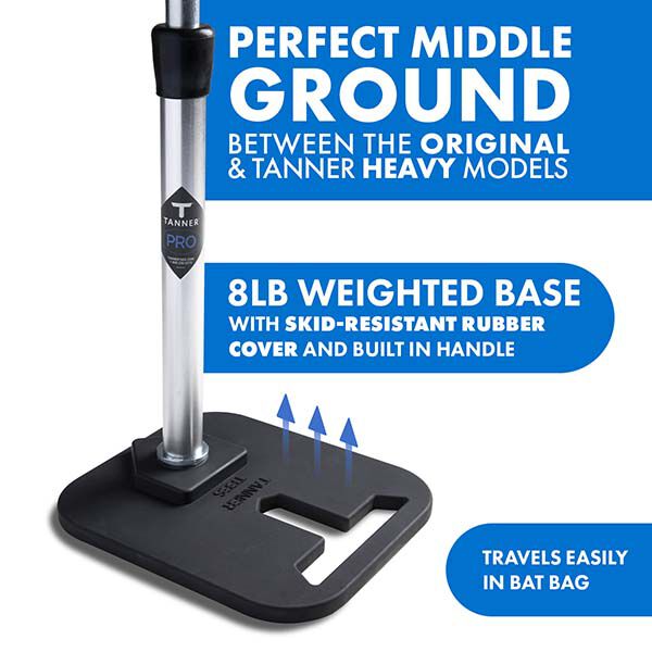 The Tanner Tees Pro Batting Tee: TTPRO1 by Tanner is expertly designed as the perfect middle ground between original and heavy models, showcasing an 8lb weighted base with skid-resistant rubber and a built-in handle. Ideal for both baseball and softball practice, this tee fits easily into a bat bag for convenient transport.