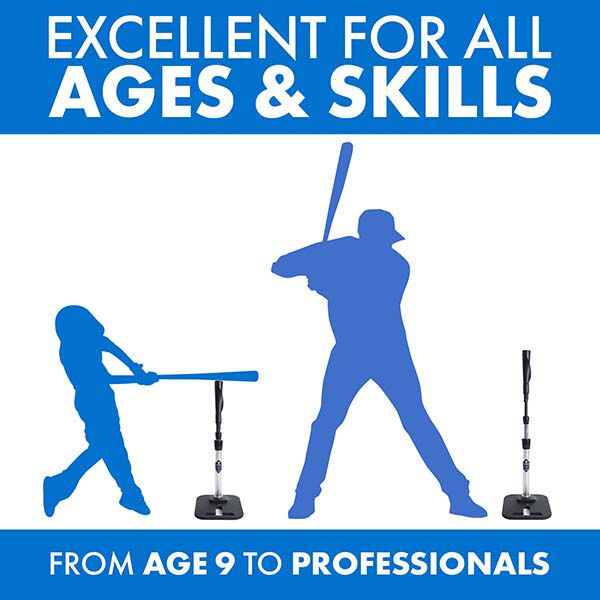 Silhouettes of a child and an adult swinging bats at Tanner Tees Pro Batting Tee: TTPRO1 by Tanner, with text: GREAT FOR ALL AGES & SKILL LEVELS—from AGE 9 TO PROFESSIONALS.