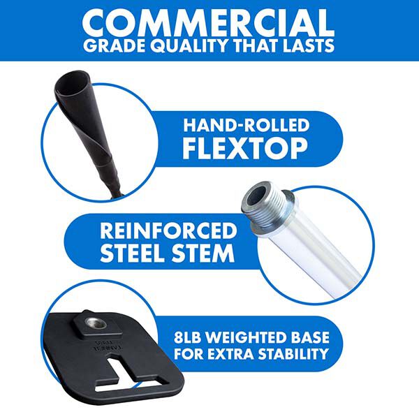 Infographic highlighting three key features of the Tanner Tees Pro Batting Tee (TTPRO1) by Tanner: a hand-rolled flextop, reinforced steel stem, and 8 lb weighted base—all engineered for superior stability and durability, making it perfect for both baseball and softball practice.