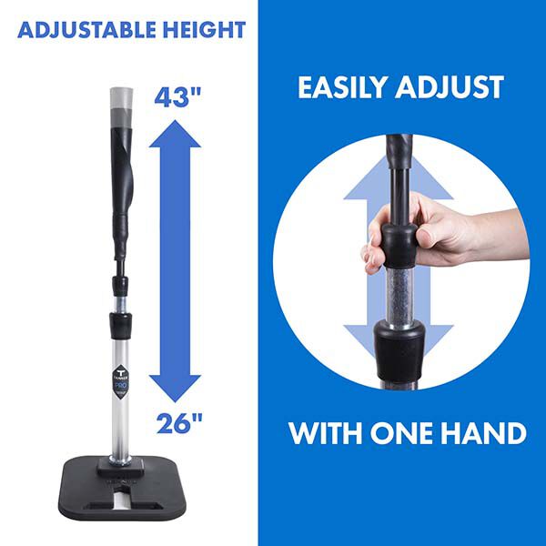 Tanner Tees Pro Batting Tee: TTPRO1 by Tanner shown adjusting from 26 to 43 inches, with a hand demonstrating easy single-handed height adjustment—just slide the mechanism up or down to set the perfect level, just like raising or lowering a baseball batting tee. Blue arrows and text highlight key features.