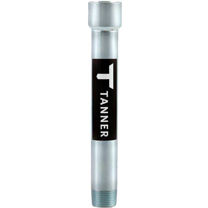 A silver metal tube with a threaded end and a black label displaying a white “T” above the vertically aligned word “TANNER,” the Tanner Tees T-Extension: TNEXT by Tanner is designed to enhance your baseball or softball practice sessions.