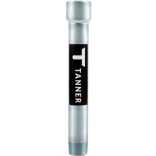 A silver metal tube with a threaded end and a black label displaying a white “T” above the vertically aligned word “TANNER,” the Tanner Tees T-Extension: TNEXT by Tanner is designed to enhance your baseball or softball practice sessions.
