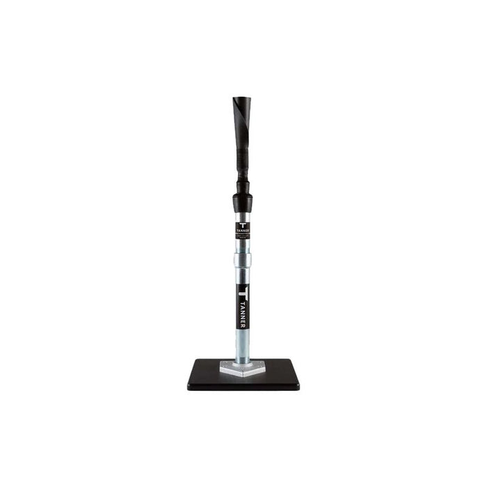A black and silver Tanner Tees T-Extension (TNEXT) adjustable baseball batting tee with a square base, shown against a white background, featuring a baseball softball tee extension by Tanner for added versatility.