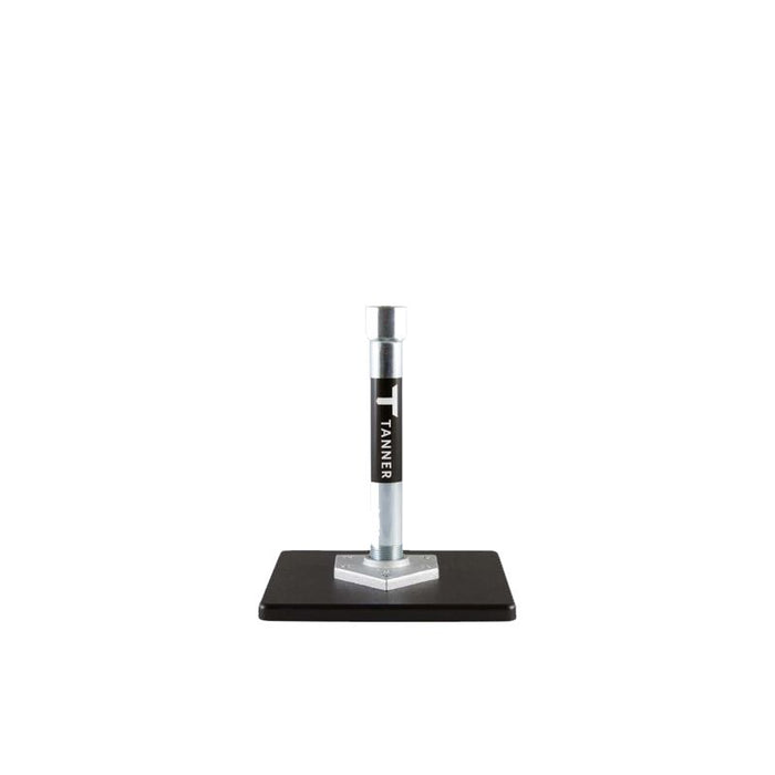 A black and silver Tanner baseball batting tee with a square base and an adjustable stem, featuring the TANNER logo vertically on the stem, is displayed on a white background. Ideal for pairing with the Tanner Tees T-Extension (TNEXT) to customize height for various training needs.