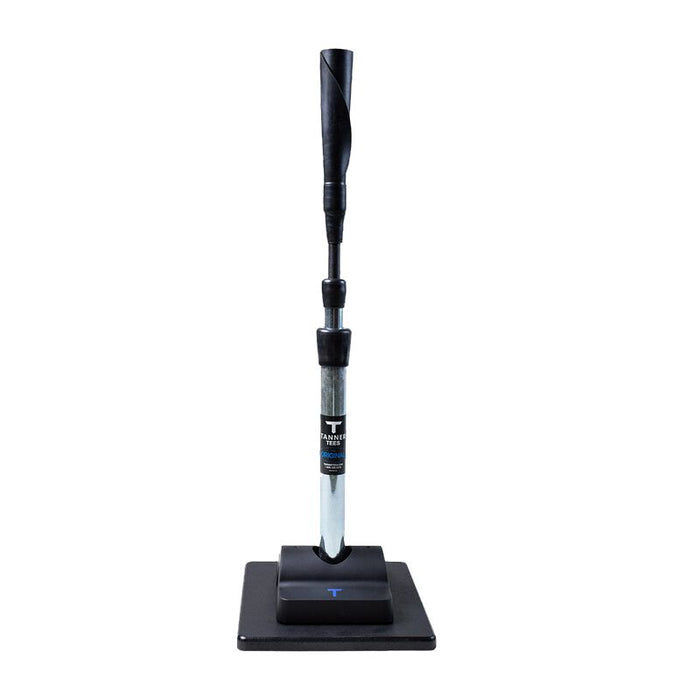 The Tanner Tees T-Weight (TNTW) by Tanner is an adjustable black and silver baseball batting tee featuring a sturdy square base, vertical pole, and flexible rubber top to securely hold a baseball—this essential practice accessory is engineered for maximum stability during every swing.
