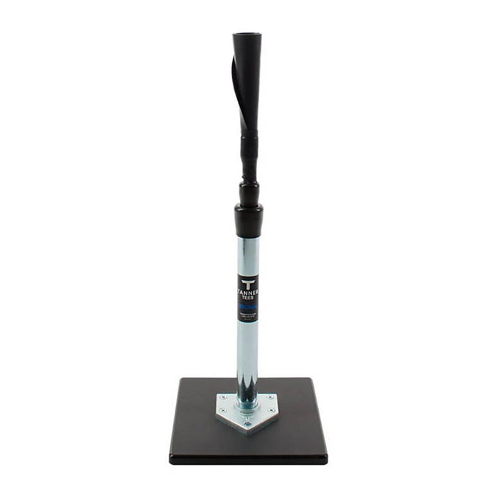 The Tanner Tees The Original Batting Tee: TT001 by Tanner features a sturdy square black base, an adjustable metal stem, and a durable black rubber top. Designed for both baseball and softball batting practice, this versatile tee is suitable for players of all levels.