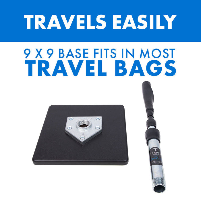 Here’s a rewritten version using your product data: Displayed on a white background, the Tanner Tees The Original Batting Tee (TT001) by Tanner features a durable 9x9 metal base plate and handle. Blue text highlights its portability: “Travels easily. 9x9 base fits in most travel bags.” Perfect for softball or baseball, this compact batting tee ensures ultimate convenience wherever you go.