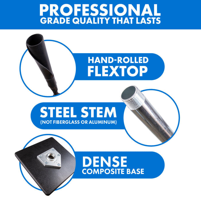 Infographic showcasing the Tanner Tees Heavy Batting Tee (HVT001) by Tanner, featuring a hand-rolled Flextop, a steel stem clearly marked as not fiberglass or aluminum, and a dense composite base—emphasizing pro-level construction in a blue and white color scheme.