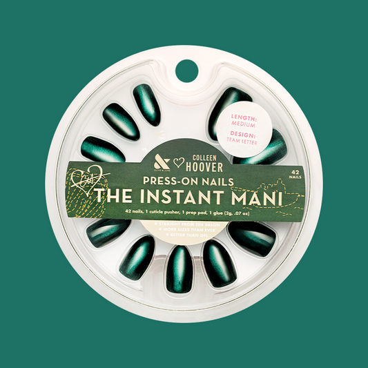 Team Letter - Press-On | Medium | Almond showing deep emerald green velvet effect false nails in circular package by Olive and June