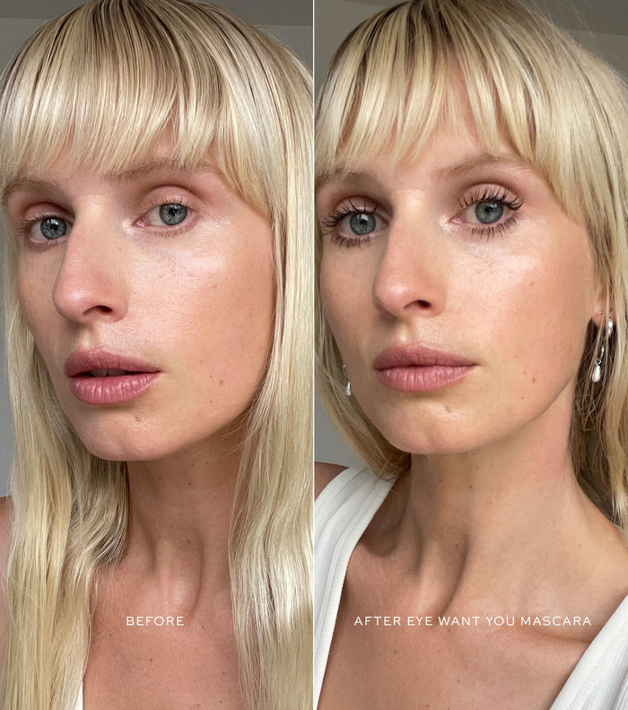 Comparison of blonde model without mascara on, next to same model with Eye Want You Mascara applied for thick, black lashes.