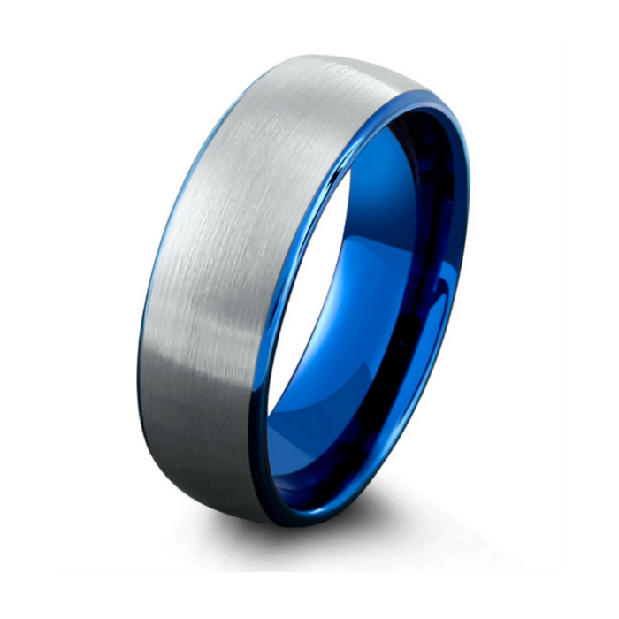 8mm silver and polished blue tungsten carbide ring with brushed exterior and comfort fit.