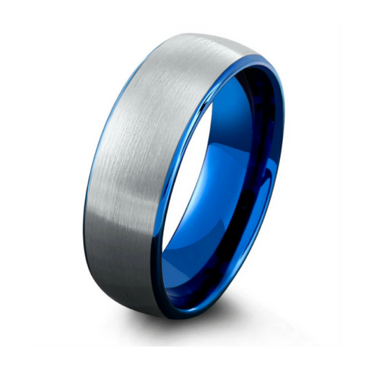 8mm silver and polished blue tungsten carbide ring with brushed exterior and comfort fit.