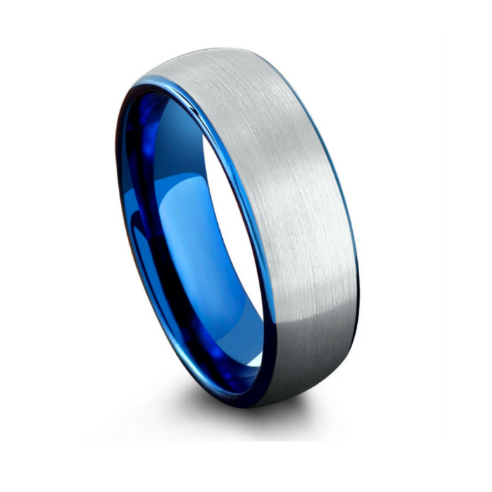8mm silver and polished blue tungsten carbide ring with brushed exterior and comfort fit design.