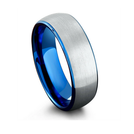 8mm silver and polished blue tungsten carbide ring with brushed exterior and comfort fit design.