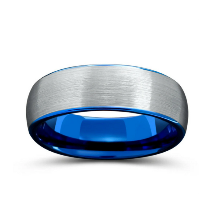 8mm silver and polished blue tungsten carbide ring with brushed exterior and comfort fit design.