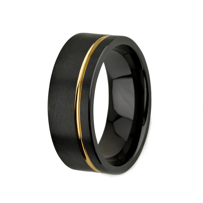 Black Zirconium ring with 14k gold inlay, satin-brushed finish, and high-polish beveled edges.