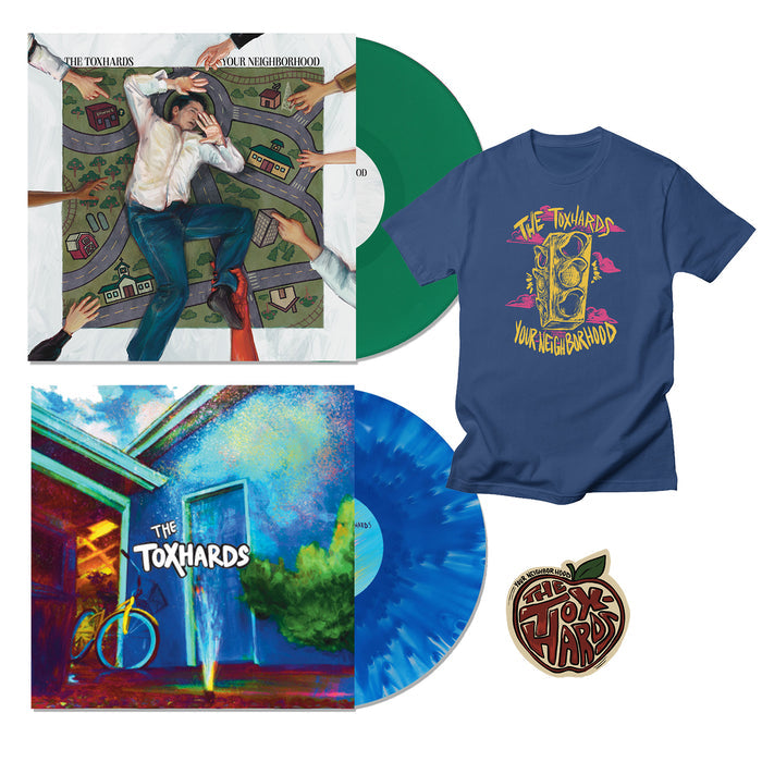 The Toxhards bundle includes a Green LP, Cloudy Blue LP, blue graphic T-shirt, CD, artistic album covers, and an apple-shaped pin featuring The Toxhards.