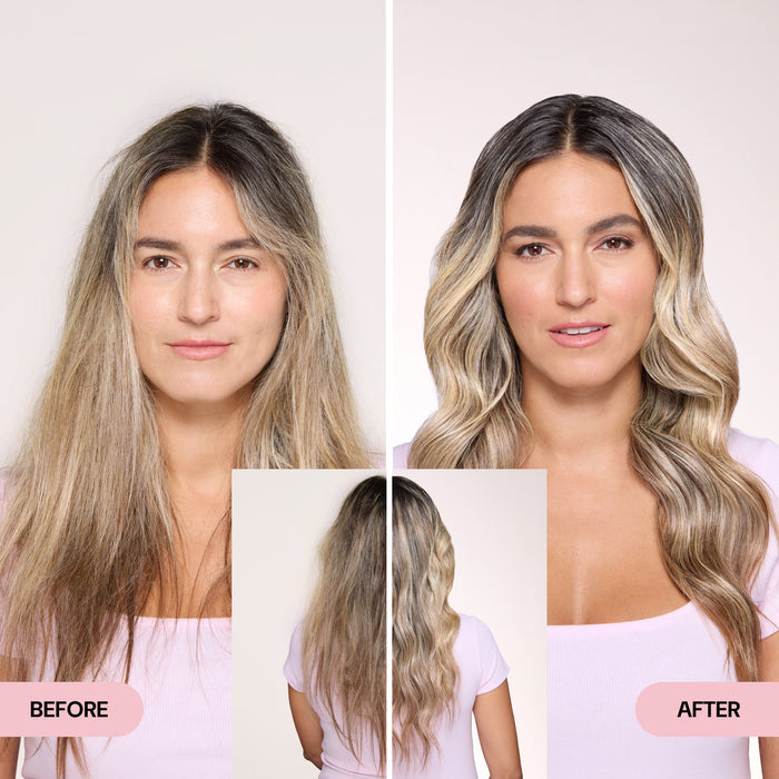 Side-by-side comparison highlighting a transformation: the left shows dry, wavy hair, while the right showcases smooth, glossy, and voluminous curls with enhanced color. A rear view insert emphasizes the improved texture and shine.