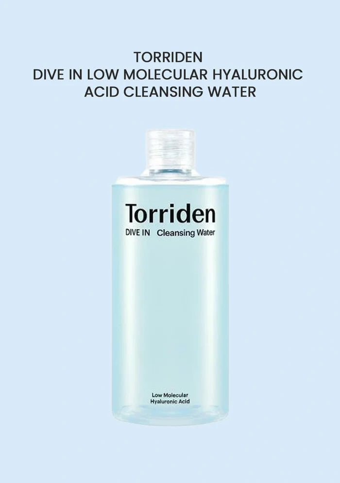 Torriden cleansing water bottle on a light blue background