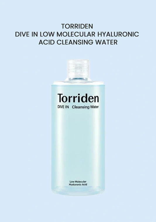 Torriden cleansing water bottle on a light blue background