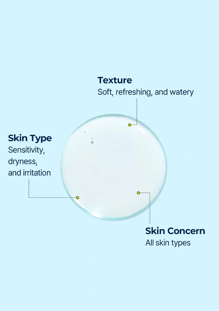 Product packaging with text on texture, skin type, and concern on a light blue background