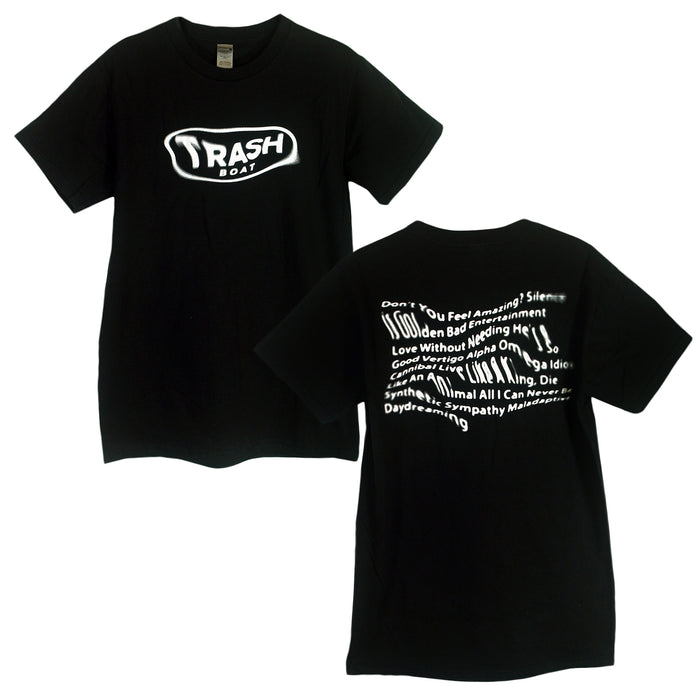 Trash Boat black band shirt with bold white Trash Boat logo on the front, and stylized slanted white text featuring song titles and phrases on the back.