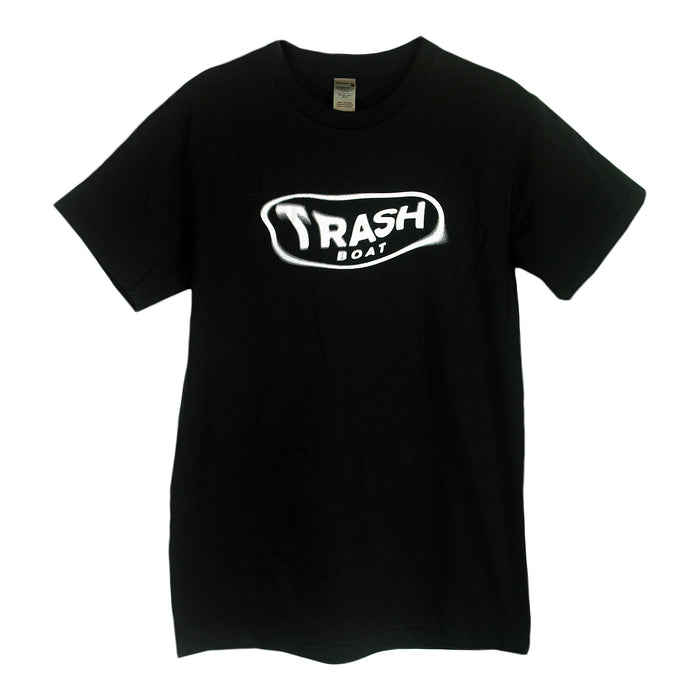 A black Trash Boat band shirt with "TRASH BOAT" in bold, graffiti-style white letters inside an irregular white-bordered shape on the chest—ideal for fans.