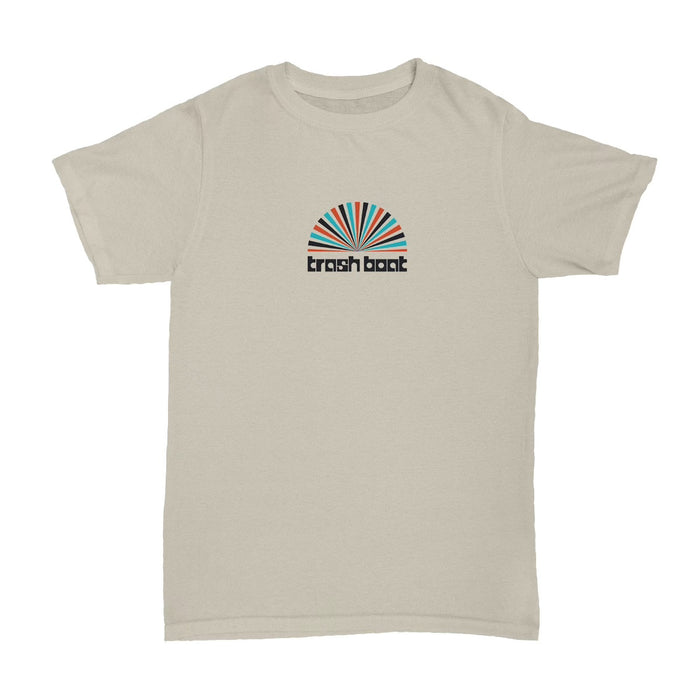 Beige Trash Boat t-shirt with a colorful semi-circular sunburst above bold black trash boat lettering on the chest. Made from 100% cotton AS Colour tee, it offers comfort and style for fans.