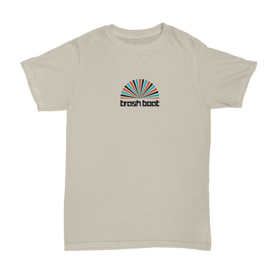 Beige Trash Boat t-shirt with a colorful semi-circular sunburst above bold black trash boat lettering on the chest. Made from 100% cotton AS Colour tee, it offers comfort and style for fans.
