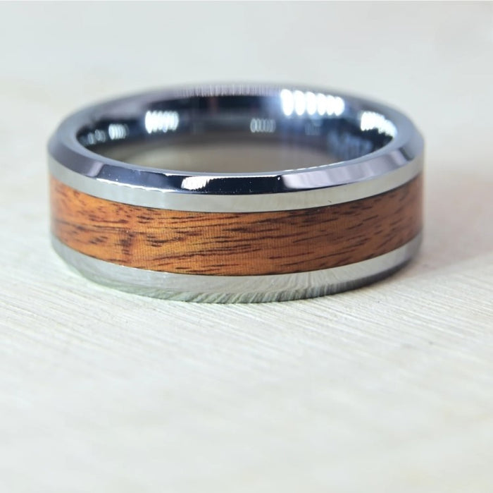 Tungsten Carbide Ring with Oak Wood Inlay and Beveled Edges(8mm)