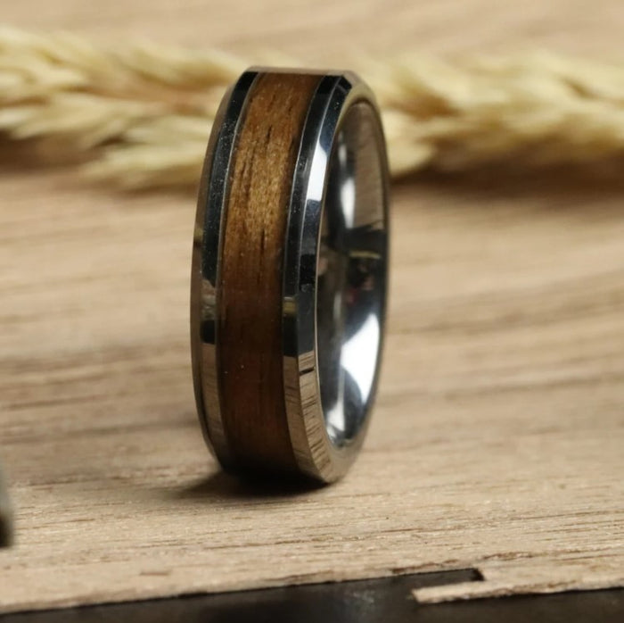 Tungsten Carbide Ring with Oak Wood Inlay and Beveled Edges(8mm)