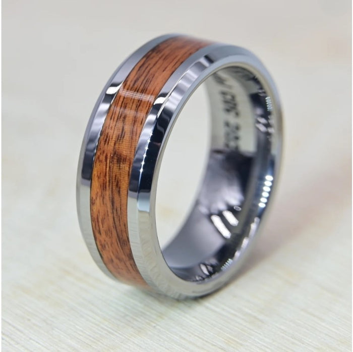 Tungsten Carbide Ring with Oak Wood Inlay and Beveled Edges(8mm)