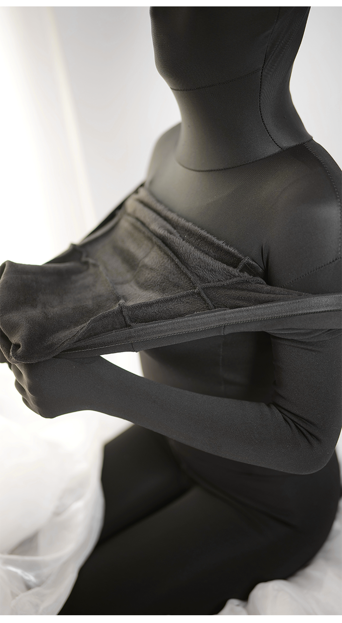 InTheMask Molis Ultra Thick Series black Zentai suit, male model, 6800D/9800D/12800D fabric, full-body coverage, for various add-ons.