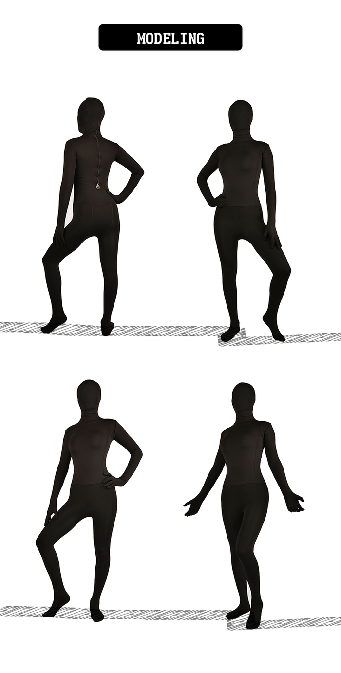 Male model wearing black Ultra+6800D Zentai suit from Molis Zentai Ultra Thick Series, full-body close-up, front view.